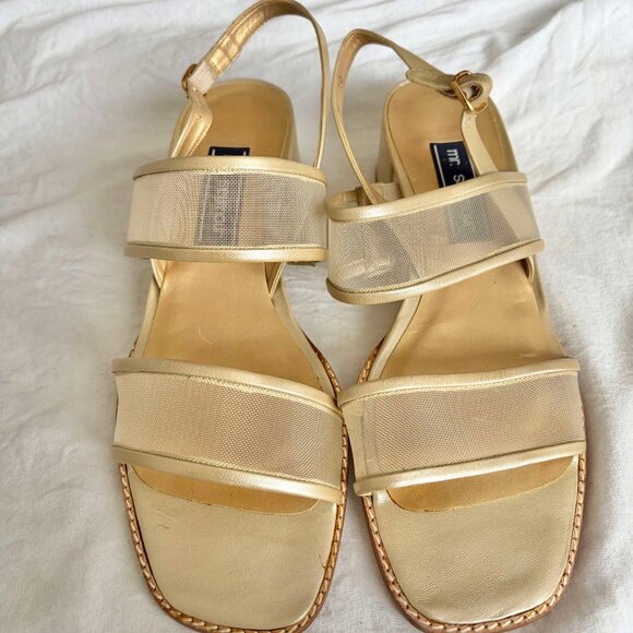 Mr Seymour Vintage 70s 80s Gold Mesh Slingback Sandal Size 10 Block Heel Leather - Picture 3 of 9